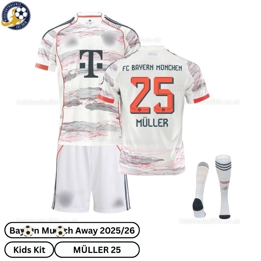 Bay^_^rn Away Kids Football Kit 2025/26 – MÜLLER 25 (With Socks)